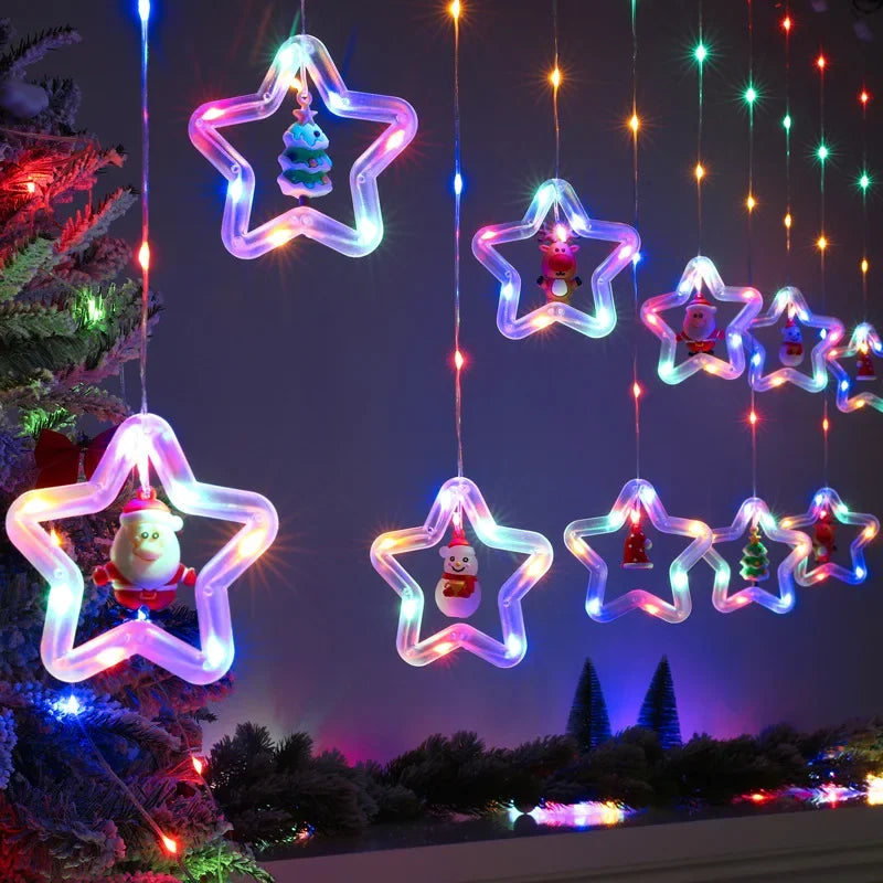 Cortina de Luces LED Navideñas USB con Estrellas y Figuras.