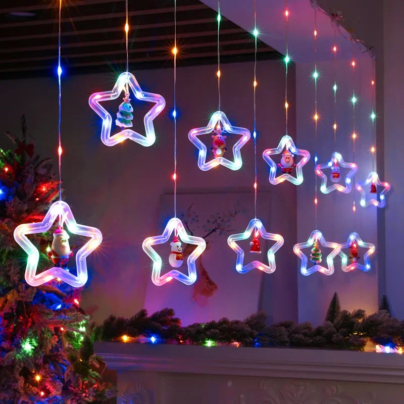 Cortina de Luces LED Navideñas USB con Estrellas y Figuras.