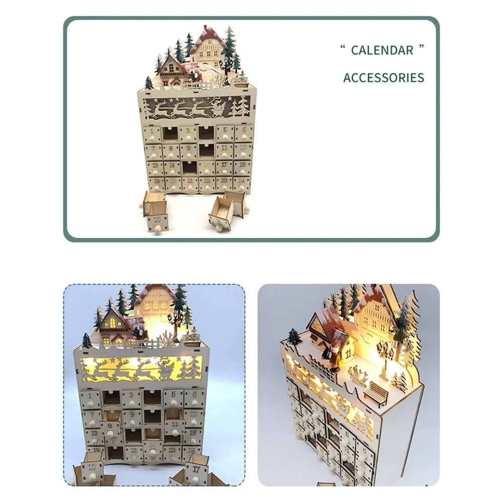 Calendario de Adviento de  Madera con Luces LED - Casita Navideña Decorativa.