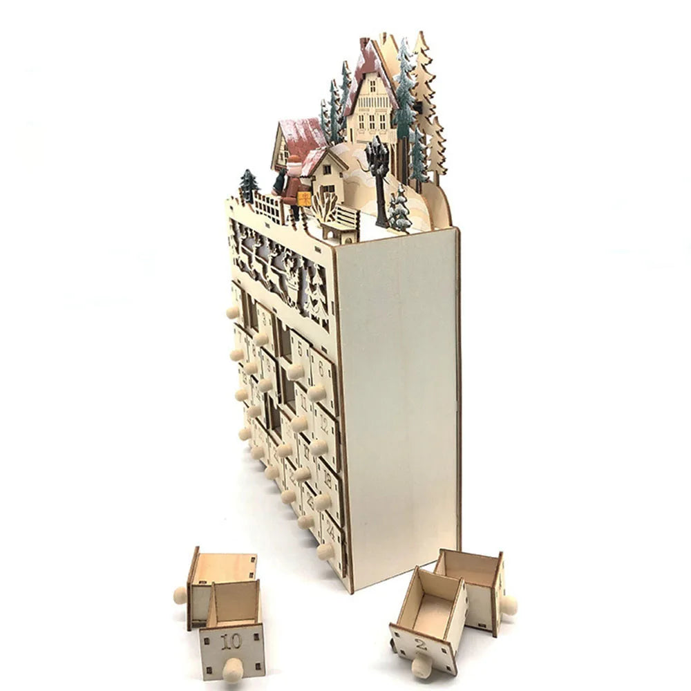 Calendario de Adviento de  Madera con Luces LED - Casita Navideña Decorativa.