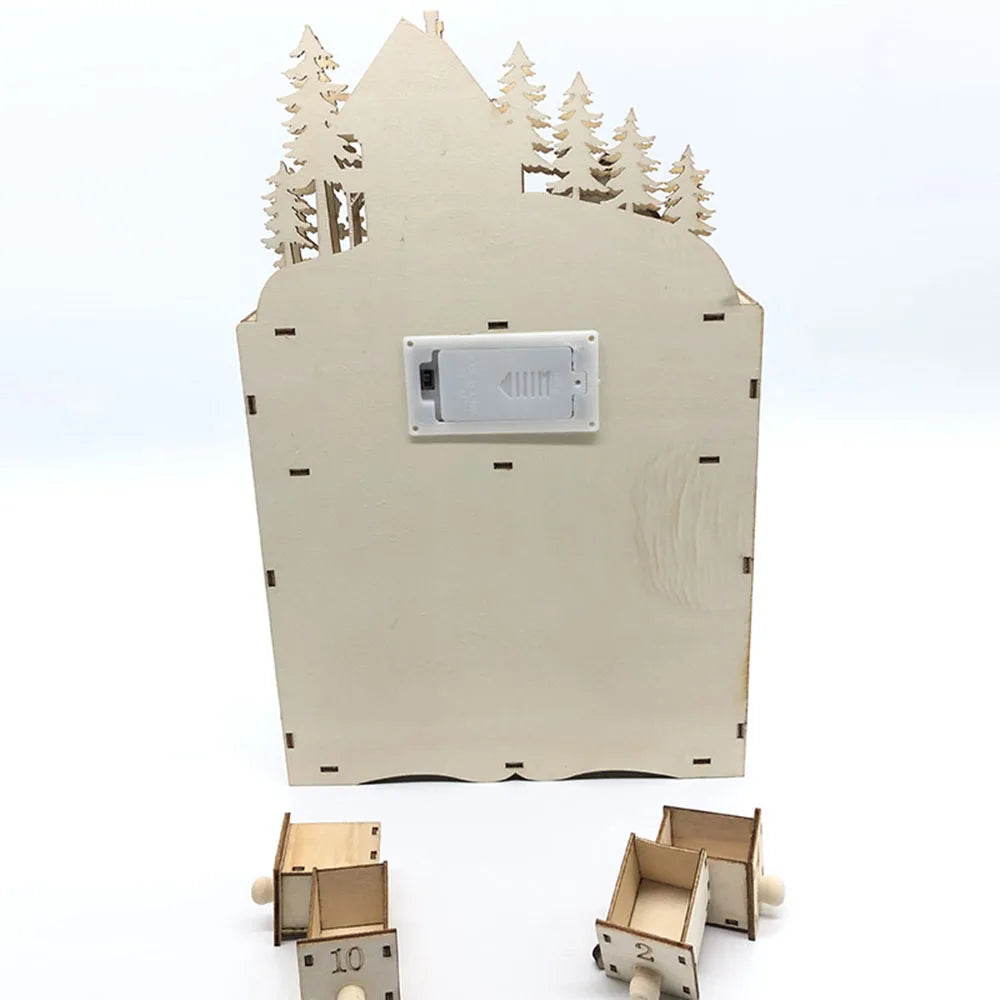 Calendario de Adviento de  Madera con Luces LED - Casita Navideña Decorativa.
