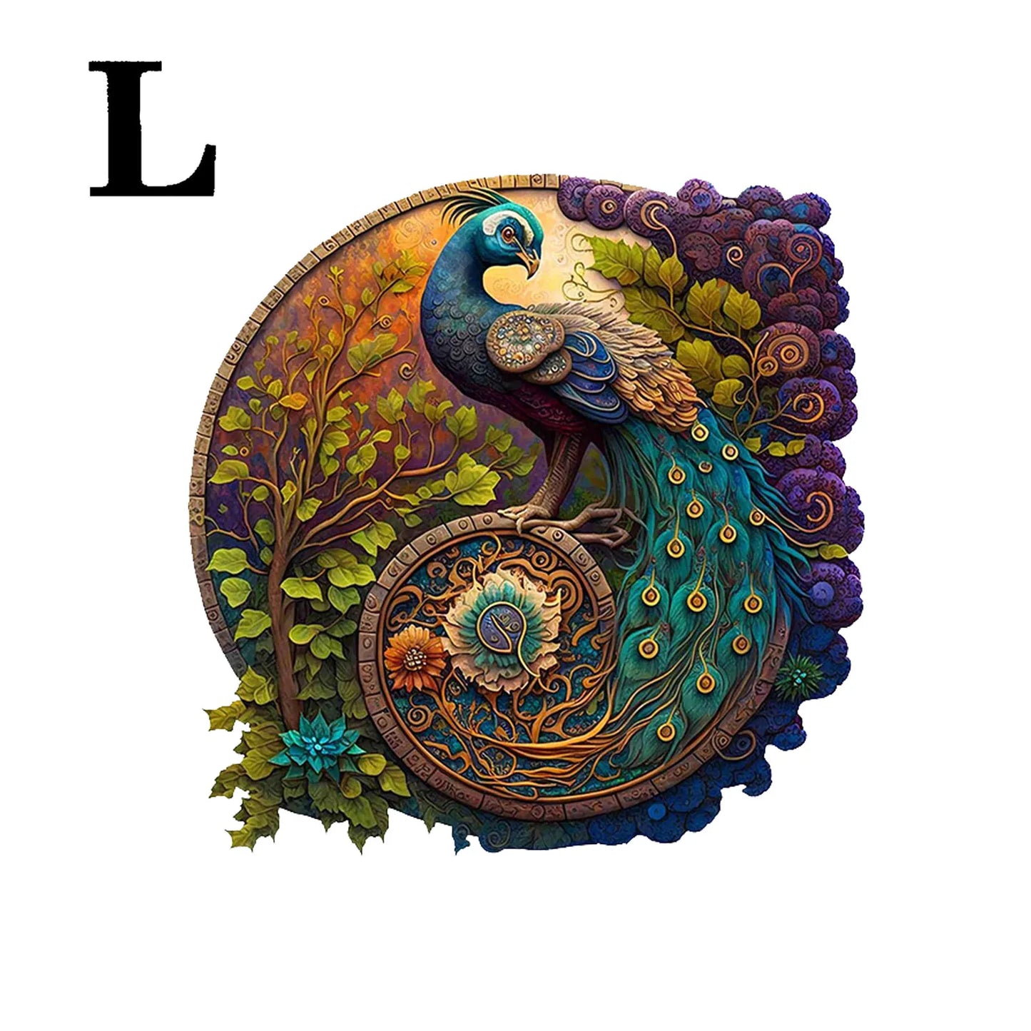 Rompecabezas de Madera Redondo – Diseño de Pavo Real Artístico.