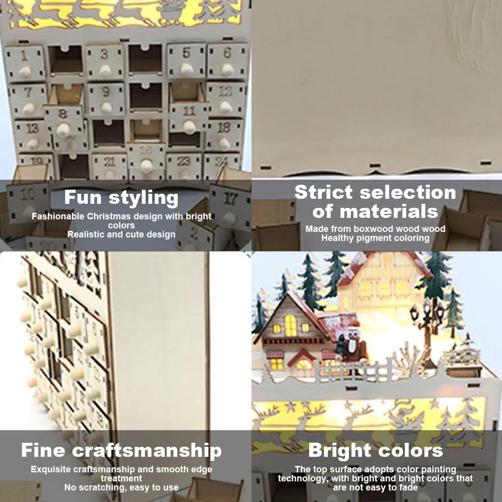 Calendario de Adviento de  Madera con Luces LED - Casita Navideña Decorativa.