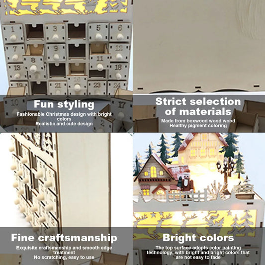 Calendario de Adviento de  Madera con Luces LED - Casita Navideña Decorativa.