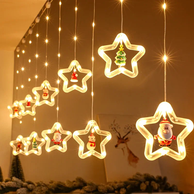 Cortina de Luces LED Navideñas USB con Estrellas y Figuras.